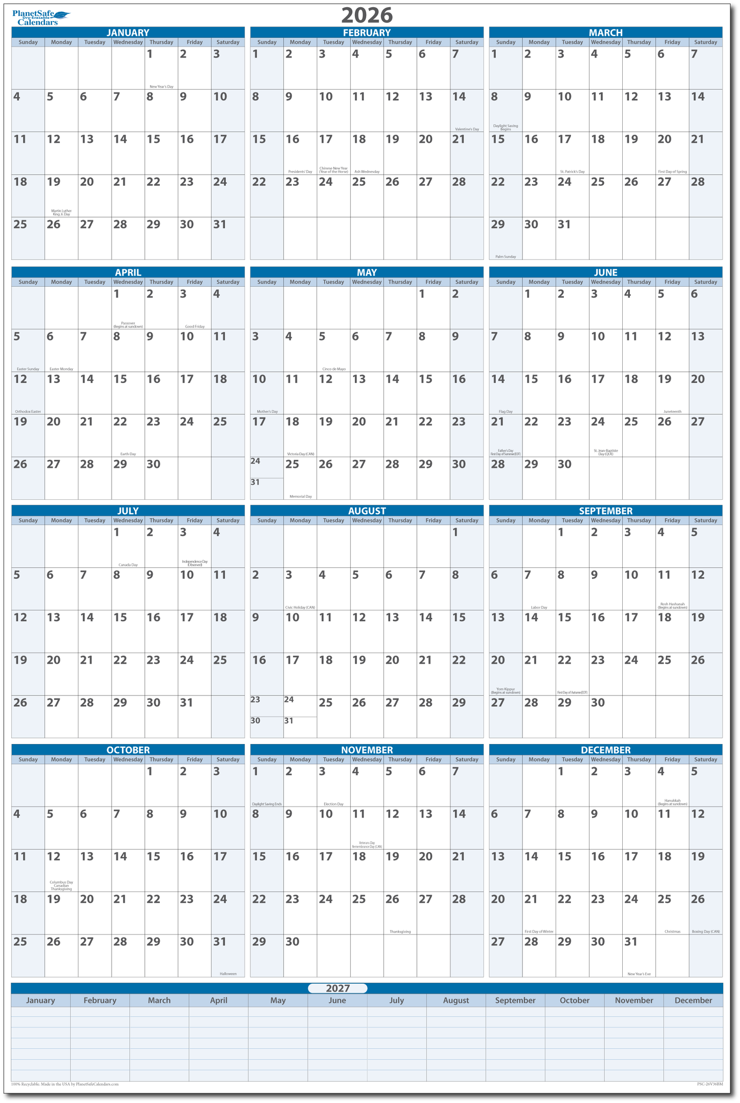 Dated Erasable Wall Calendars with Next Year Planning Area up to 2030