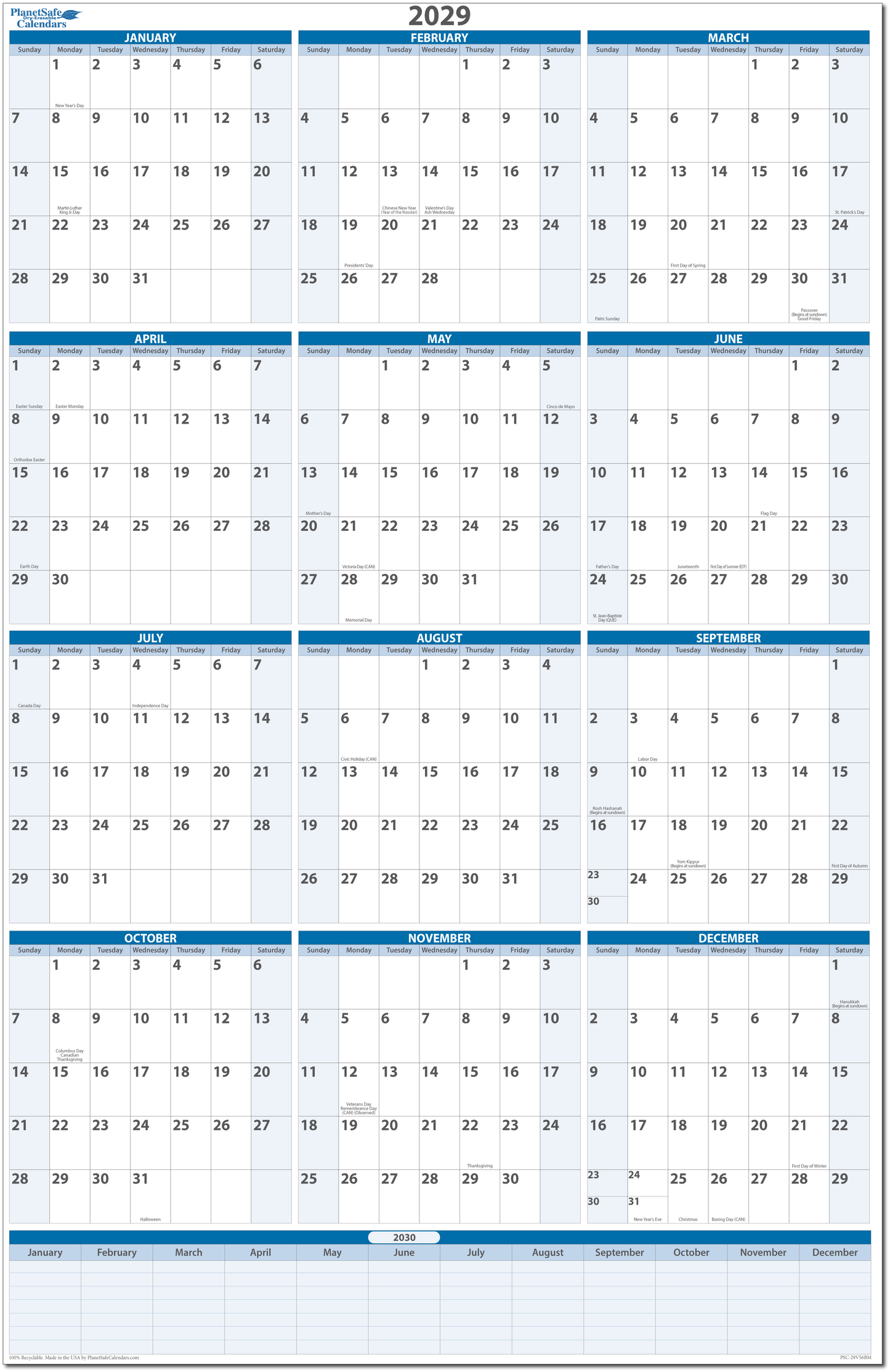 Dated Erasable Wall Calendars with Next Year Planning Area up to 2030